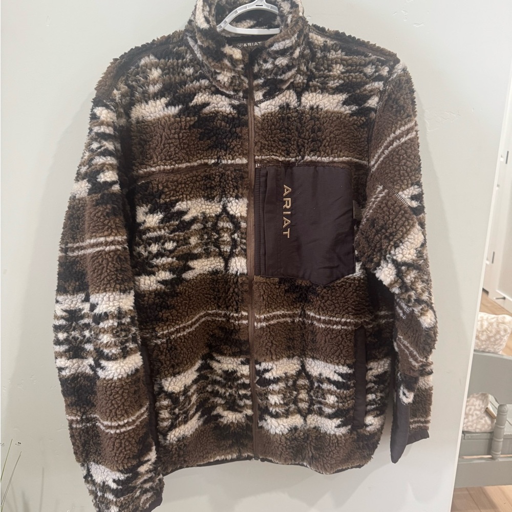 Ariat Brown & Cream Patterned Sherpa Fleece Jacket size men’s medium